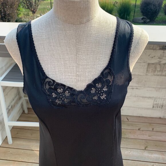 Vintage Pink Lady Slip Dress Nightgown 36 Black Satin Lace Trim Midi Lingerie - Picture 2 of 14